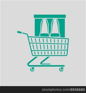 Shopping Cart With Shoes In Box Icon. Green on Gray Background. Vector Illustration.