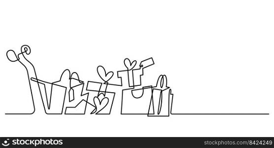 shopping cart with shopping bags and gift boxes celebration in continuous line drawing vector illustration