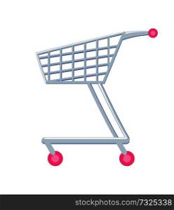 Shopping cart with wheels of pink color, shopping cart made of metal matterial trolley design, object vector illustration isolated on white background. Shopping Cart with Wheels Vector Illustration