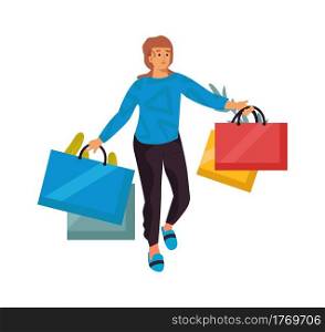 Shopping. Cartoon woman holding bags in hands. Female carrying purchases. Young character walking with store handbags. Isolated happy customer buys food and clothes in shop. Vector consumer concept. Shopping. Cartoon woman holding bags. Female carrying purchases. Young character walking with store handbags. Isolated customer buys food and clothes in shop. Vector consumer concept