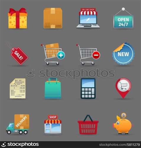 Shopping cash and online purchase and sale cartoon icons set on grey background shadow isolated vector illustration . Shopping icons set