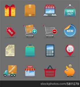 Shopping cash and online purchase and sale cartoon icons set on grey background shadow isolated vector illustration . Shopping icons set