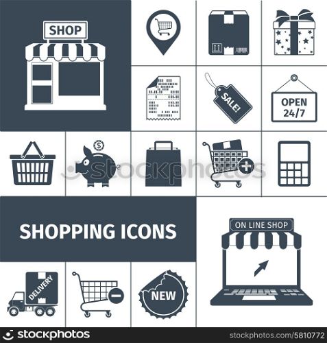 Shopping cash and online with sales and delivery black white square icons set flat isolated vector illustration . Shopping black white icons set