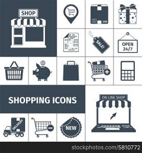 Shopping cash and online with sales and delivery black white square icons set flat isolated vector illustration . Shopping black white icons set