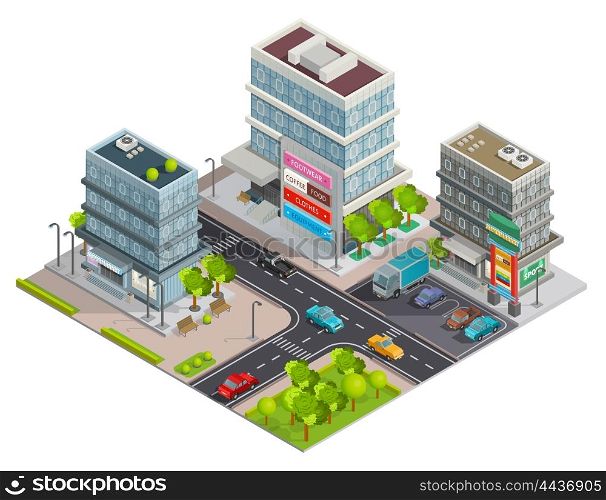 Shopping Center Buildings Complex Isometric Banner. City shopping center in business district area street view with buildings complex and parking isometric vector illustration