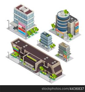 Shopping Center Buildings Complex Isometric Composition . Modern city shopping center complex isometric composition with supermarket and department store buildings abstract vector illustration