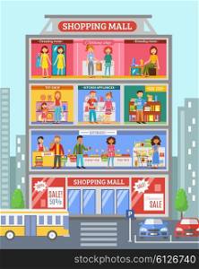 Shopping Center Desingn Flat Banner. Shopping mall center store section with grocery and clothing departments sale customers poster abstract flat vector illustration