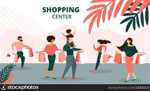 Shopping Center Horizontal Banner, People Visiting Supermarket Shop on Weekend, Young Men and Women Holding Paper Bags, Happy Family with Kids Customers Holiday Offer. Cartoon Flat Vector Illustration. People Visiting Supermarket Shop on Weekend Off