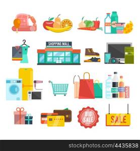 Shopping center icons. Shopping center flat icons set with food home appiances and goods isolated vector illustration