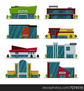 Shopping center, mall and supermarket modern flat vector buildings. Supermarket city and architecture building mall center illustration. Shopping center, mall and supermarket modern flat vector buildings