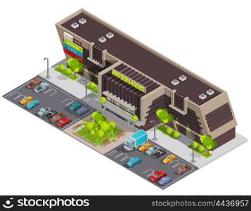 Shopping Center Mall Complex Isometric Composition. Shopping mall center in business district for wealthy customers with parking lot isometric composition abstract vector illustration
