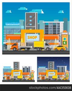 Shopping Center Orthogonal Compositions . Shopping center building orthogonal compositions set with equipment and clothes symbols flat isolated vector illustration