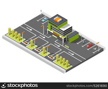 Shopping Center Parking Composition. Government building isometric composition of shopping center building and parking lot area with road marking and arrows vector illustration
