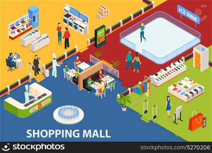 Shopping Center Set Object. Shopping mall background with isometric indoor shopping plaza restaurants fashion stores with furniture and people characters vector illustration
