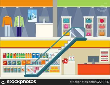 Shopping Center Storefronts Design Flat. Shopping center storefronts design. Large shopping center with clothing stores and trendy bags on the second floor. Downstairs grocery supermarket with food cashier for payment Vector illustration