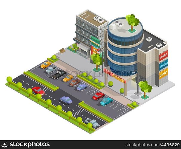 Shopping Center Street View Isometric Composition . Modern downtown shopping center mall in business district street view with parking lot isometric composition illustration vector