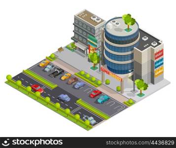 Shopping Center Street View Isometric Composition . Modern downtown shopping center mall in business district street view with parking lot isometric composition illustration vector