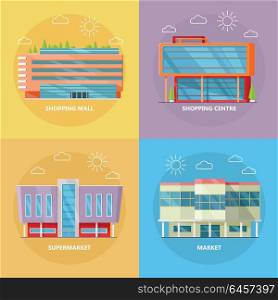Shopping Centre Icon Set in Flat Design. Supermarket icons set. Flat design. Modern commercial building icons collection for web design, app pictogram, banners. Shop, shopping center, mall, business center on color background.