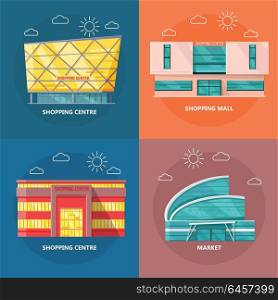 Shopping Centre Icon Set in Flat Design. Supermarket icons set. Flat design. Modern commercial building icons collection for web design, app pictogram, banners. Shop, shopping center, mall, business center on color background.