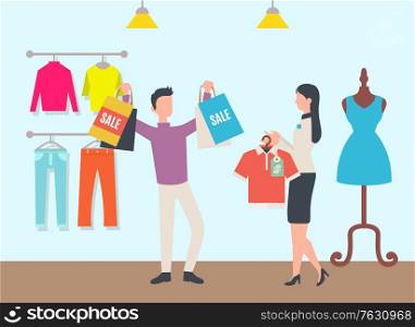 Shopping character holding purchased items in bags, woman and male in store. Room with clothes, mannequin with dress and jeans, sweaters on hanger. Vector illustration in flat cartoon style. Man with Bags in Shop, Character Shopping Male