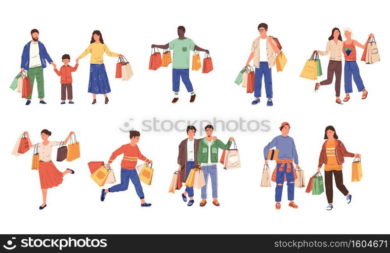 Shopping characters. Retail purchase and byers at store, cartoon customers shopping with discounts. Men and women with bright shopping bags in mall and boutique, vector characters set at seasonal sale. Shopping characters. Retail purchase and byers at store, cartoon customers shopping with discounts. Men and women with shopping bags in mall and boutique, vector characters set at sale