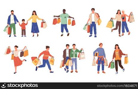 Shopping characters. Retail purchase and byers at store, cartoon customers shopping with discounts. Men and women with bright shopping bags in mall and boutique, vector characters set at seasonal sale. Shopping characters. Retail purchase and byers at store, cartoon customers shopping with discounts. Men and women with shopping bags in mall and boutique, vector characters set at sale