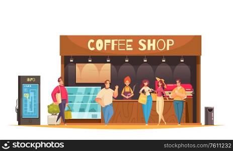 Shopping colored and flat composition with coffee shop and customers walk around vector illustration