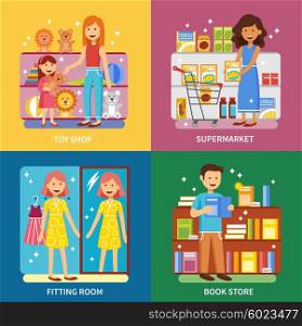 Shopping Concept 4 Icons Banner Square. Shopping concept 4 flat icons square with books and toys departments and fitting room abstract isolated vector illustration