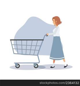Shopping concept.A woman goes shopping. Woman is pushing an empty shopping cart.Flat vector cartoon character illustration.