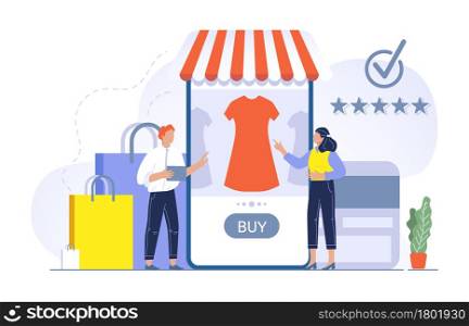 Shopping concept illustration people buying in store application. Man and woman choosing dress in online shop. Customers giving rates for order, shopping bags and credit card usage. Shopping concept illustration people buying in store application. Man and woman choosing dress in online shop