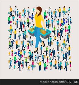 Shopping Concept Illustration . Shopping concept with men and women holding bags isometric vector illustration