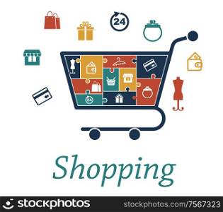 Shopping concept puzzles with a cart filled with icons depicting a bank card, store, bags, gift, 24 hour, purse, wallet, mannequin, basket and hanger which also surround the trolley for infographic design. Shopping concept with a cart and icons