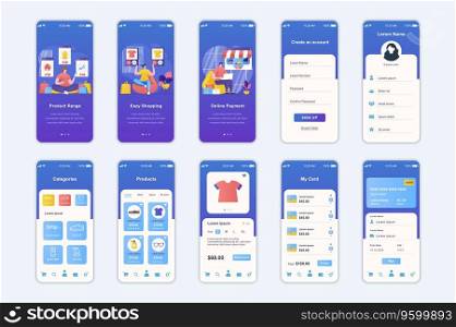 Shopping concept screens set for mobile app template. People choose products in shop catalog, order and pay online. UI, UX, GUI user interface kit for smartphone application layouts. Vector design