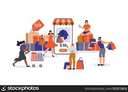 Shopping concept with character scene for web. Women and men making purchases, ordering with bargain prices in mobile app. People situation in flat design. Vector illustration for marketing material.