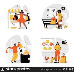Shopping concept with character set. Collection of scenes people making bargain purchases, ordering new products online and buying in stores on seasonal sales. Vector illustrations in flat web design