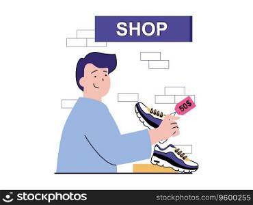 Shopping concept with character situation. Customer buys sneakers in store. Man chooses sports footwears in shoe department of boutique. Vector illustration with people scene in flat design for web