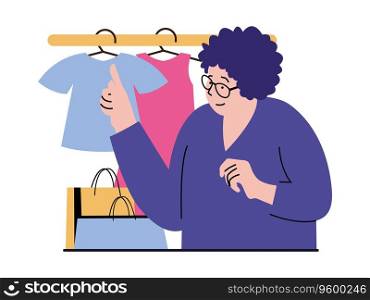 Shopping concept with character situation. Woman chooses new clothes from assortment of store, makes lot of purchases at discount prices. Vector illustration with people scene in flat design for web