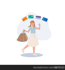 shopping concept. woman enjoy shopping she have a many credit cards choice. Flat vector illustration