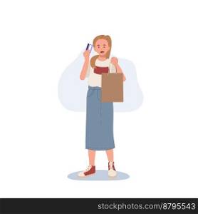 Shopping concept. woman holding a credit card and shopping bags in her hands. Flat cartoon vector illustration