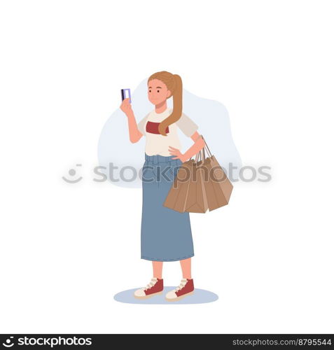 Shopping concept. woman holding a credit card and shopping bags in her hands. Flat cartoon vector illustration