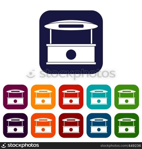 Shopping counter with tent icons set vector illustration in flat style In colors red, blue, green and other. Shopping counter with tent icons set flat