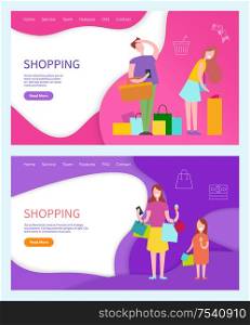 Shopping couple, woman and annoyed man posters set vector. Family of mother and daughter returning home from shops and stores with bags purchases. Shopping Couple, Woman and Annoyed Man Posters