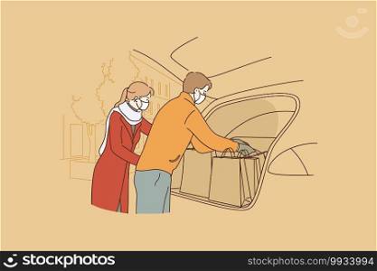 Shopping during coronavirus epidemic concept. Young family wearing medical protective face masks taking shopping bags from car after shopping during COVID-19 pandemic vector illustration. Shopping during coronavirus epidemic concept