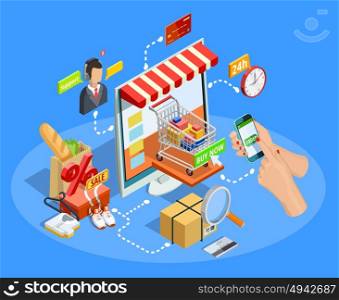 Shopping E-commerce Concept Isometric Poster. Online shopping with smartphone concept flowchart isometric e-commerce poster with customer support chat service vector illustration