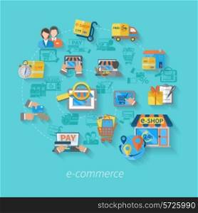Shopping e-commerce concept with online byuing retail service icons flat vector illustration