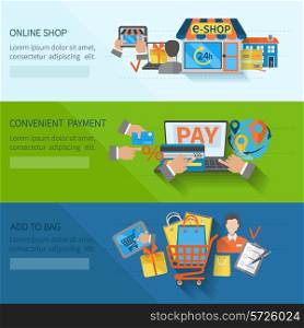 Shopping e-commerce horizontal flat banners set with online convenient payment elements isolated vector illustration