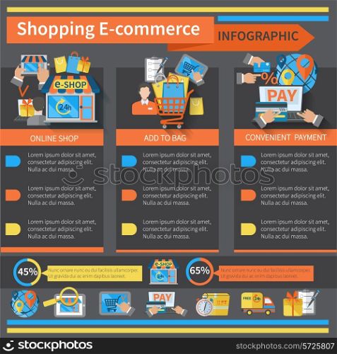 Shopping e-commerce infographics set with online payment and delivery symbols and charts vector illustration