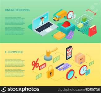Shopping Ecommerce Banner Horizontal Isometric. Isometric shopping ecommerce horizontal banner set with online shopping and ecommerce descriptions vector illustration