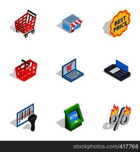 Shopping elements icons set. Isometric 3d illustration of 9 shopping elements vector icons for web. Shopping elements icons, isometric 3d style