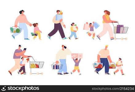 Shopping family. Isolated people buy food, shop or market customers. Parents with children holding bags, weekend shoppers utter vector characters. Illustration of family supermarket do shopping. Shopping family. Isolated people buy food, shop or market customers. Parents with children holding bags, weekend shoppers utter vector characters